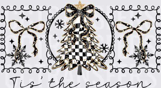 Tis The Season Black Gold Checkered Christmas Tree Bows DTF