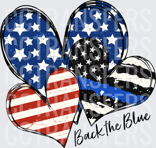 Back the Blue Patriotic Hearts Thin Blue Line Paw (DTF)
