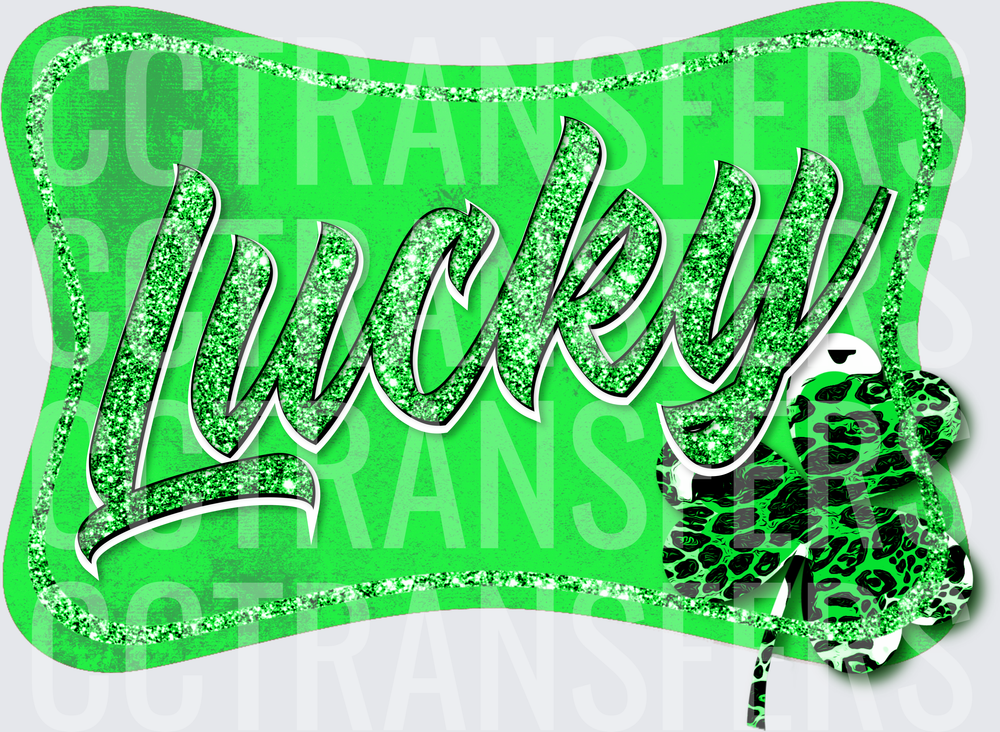 Lucky Glitter Script Green Leopard Four Leaf Clover (DTF)