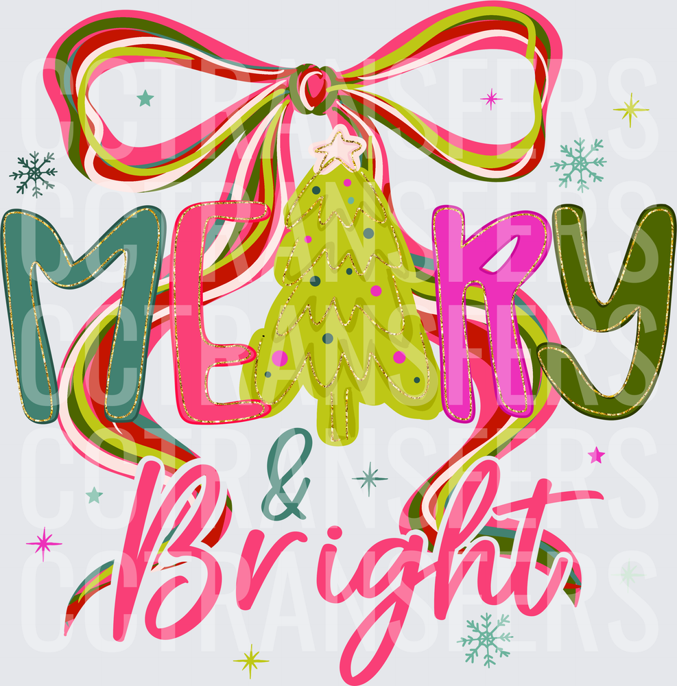 Merry & Bright Christmas Tree Bow Snowflakes (DTF)