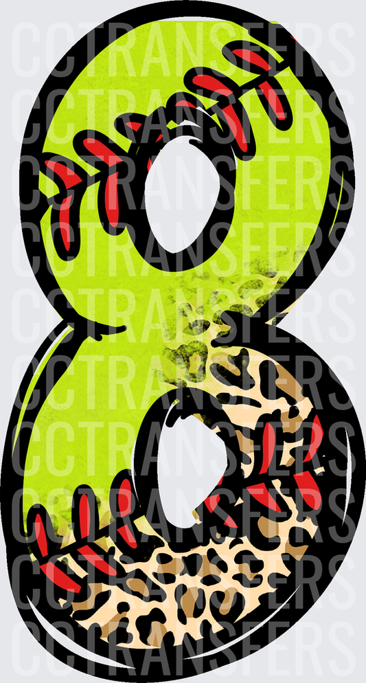 Softball Leopard Print Number 8 with Red Stitching (DTF)