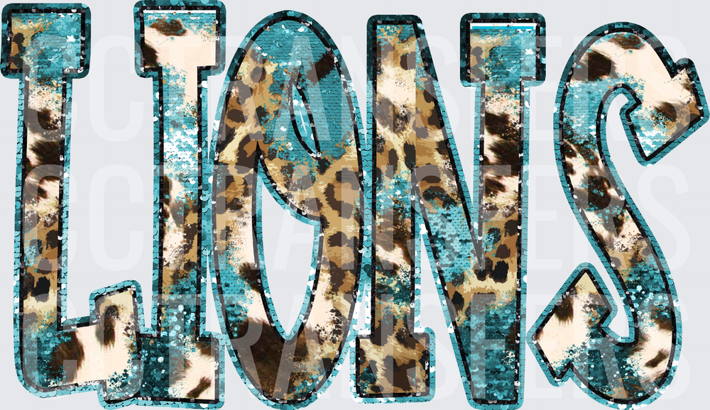 Lions Teal Sequin Leopard Cowhide Bold Letters (DTF)