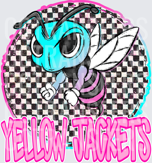 Retro Checkered Yellow Jackets Mascot Teal Bee (DTF)