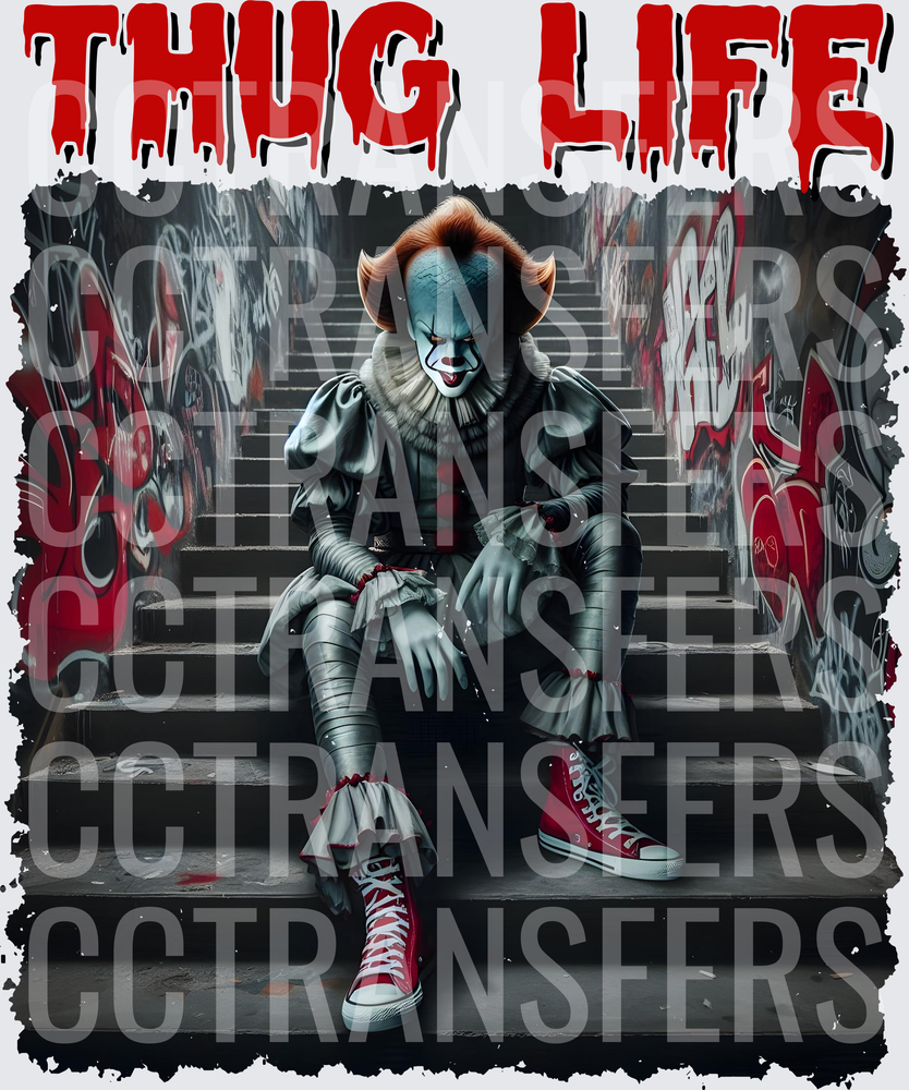 Thug Life Evil Clown Sitting on Graffiti Stairs (DTF)