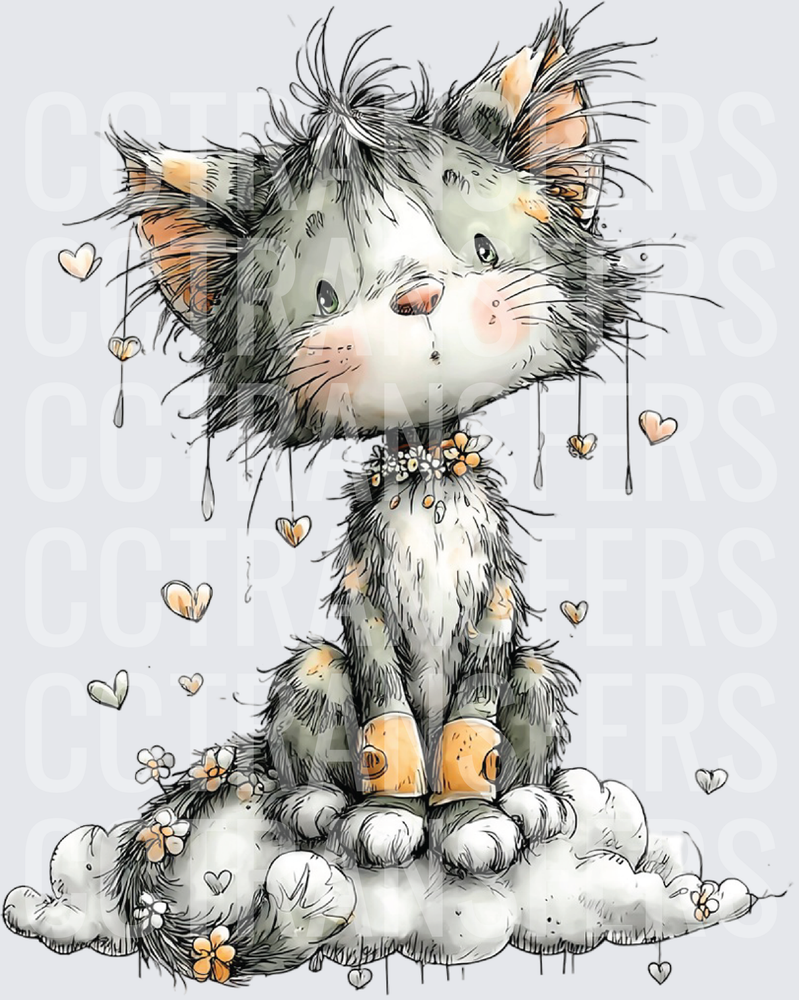 Scruffy Kitten Sitting on Cloud with Floating Hearts (DTF)