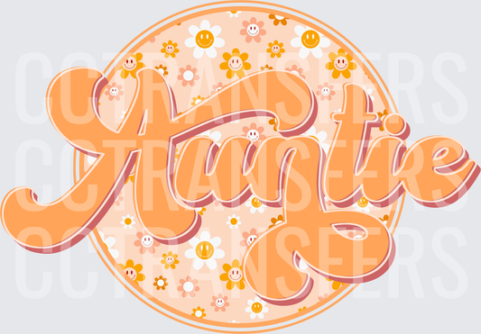 Retro Groovy Auntie Smiley Face Floral Circle (DTF)
