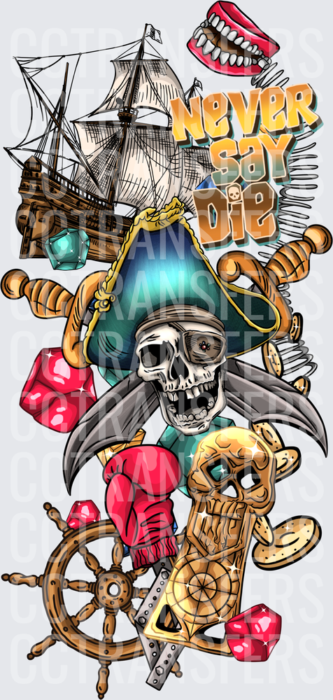 Never Say Die Pirate Skull Ship Goonies Collage (DTF)