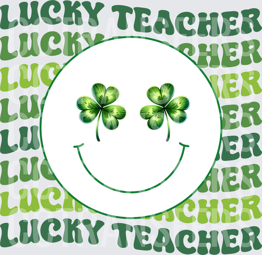 Lucky Teacher Shamrock Smiley Face St. Patrick's Day (DTF)