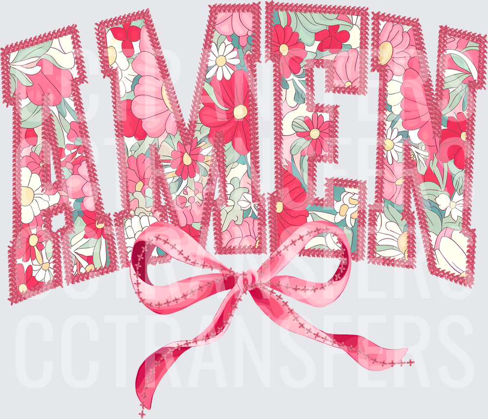 Floral Applique AMEN RAMEN Arched Text with Pink Bow (DTF)