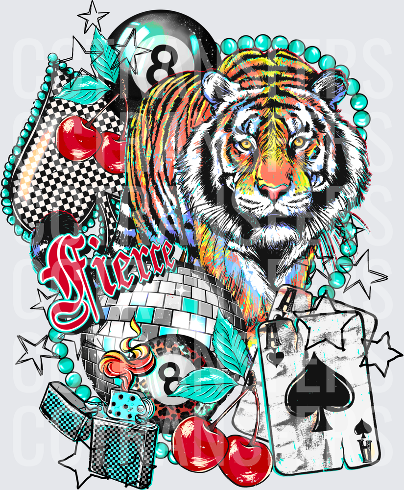 Fierce Tiger Disco Ball 8-Ball Ace Card Cherry Collage (DTF)