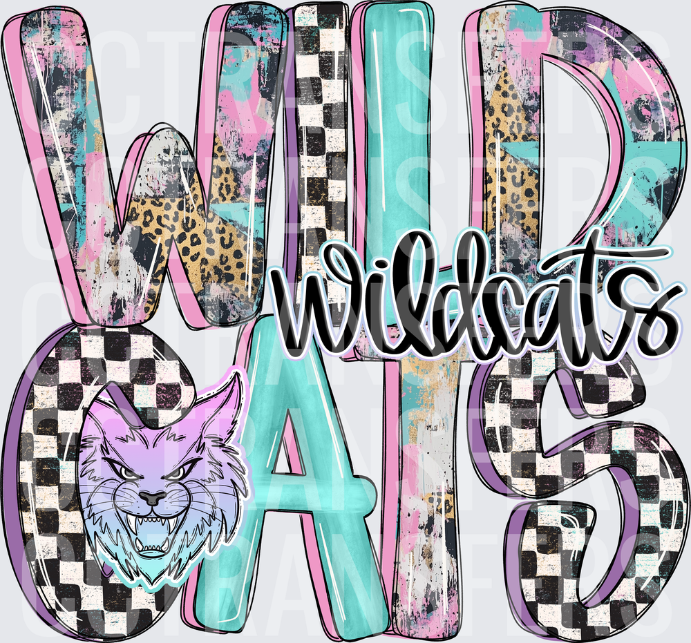 Wildcats Mascot Checkered Leopard Grunge Letters (DTF)