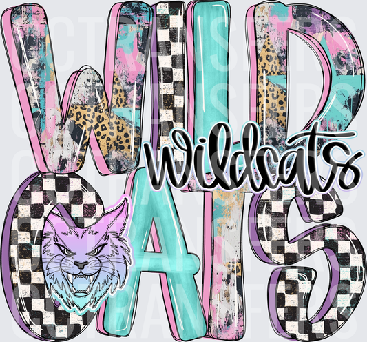 Wildcats Mascot Checkered Leopard Grunge Letters (DTF)