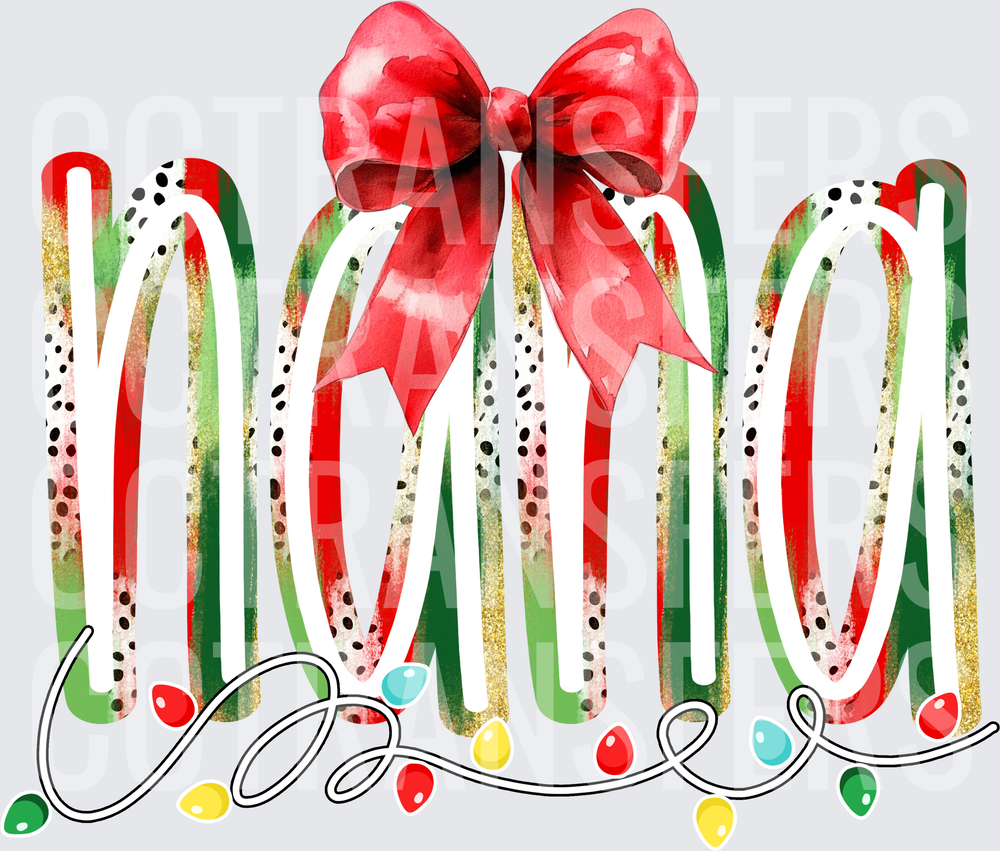 Christmas Mama Red Bow Holiday Lights Festive Lettering (DTF)