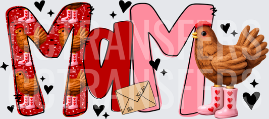 Mom Hen Valentine Hearts Pink Rain Boots XOXO Letter (DTF)