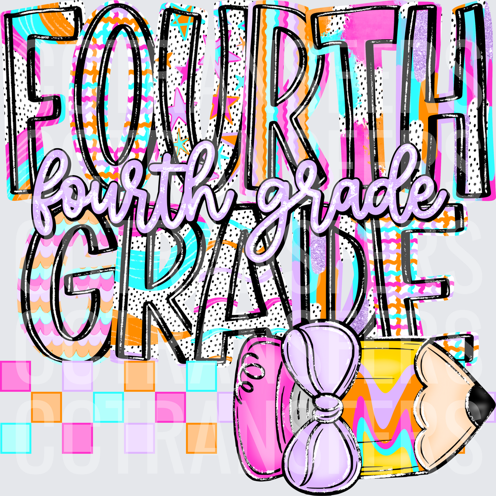 Fourth Grade Colorful Doodle Lettering with Pencil and Bow (DTF)