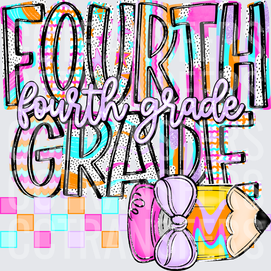 Fourth Grade Colorful Doodle Lettering with Pencil and Bow (DTF)