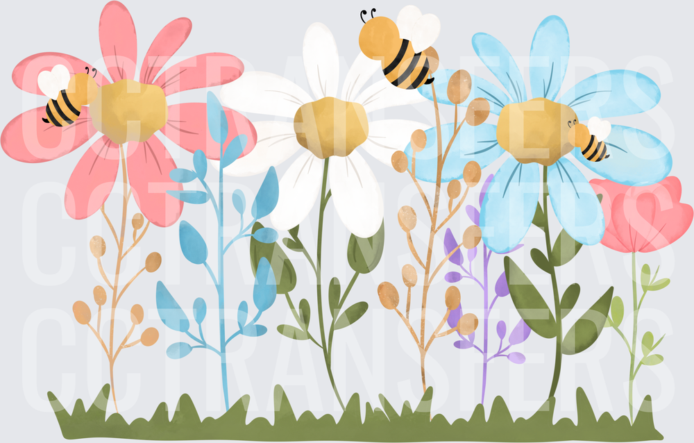 Whimsical Spring Garden Bees on Pastel Wildflowers (DTF)