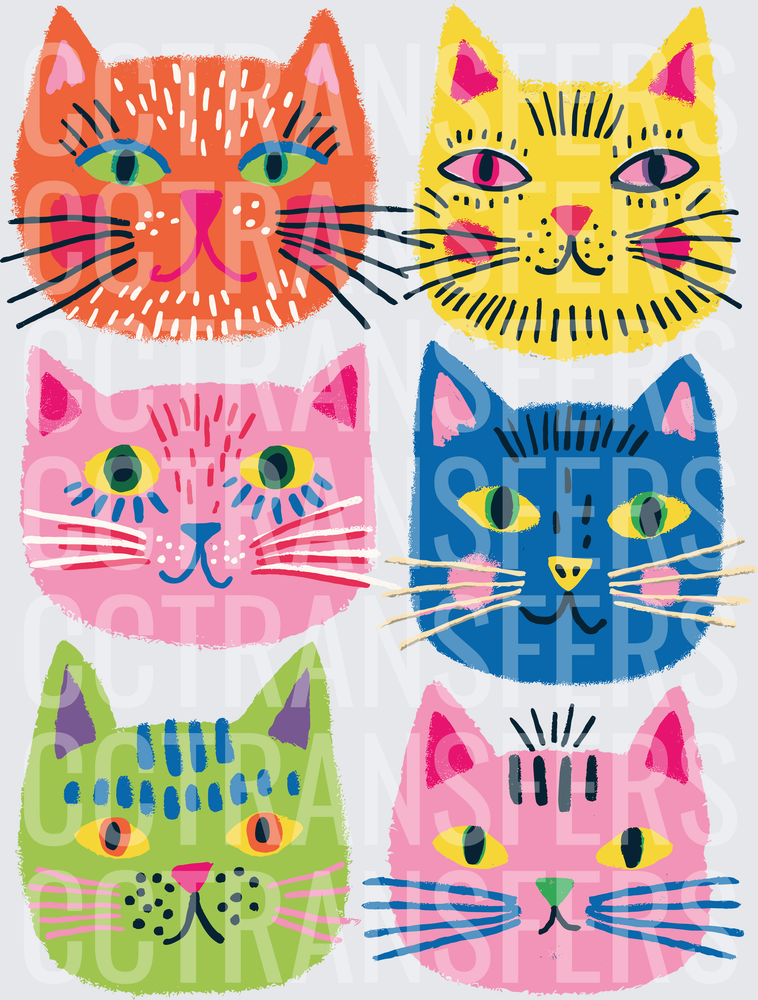 Colorful Folk Art Cat Faces Six Pack Bold Funky (DTF)