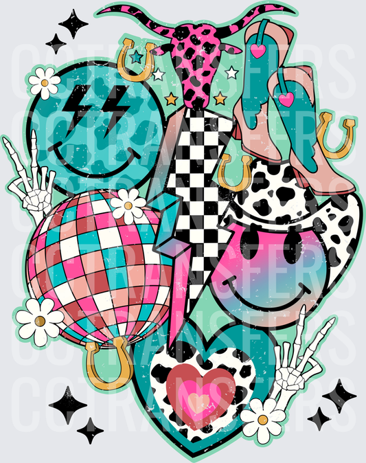 Retro Western Cowgirl Disco Ball Smiley Collage (DTF)