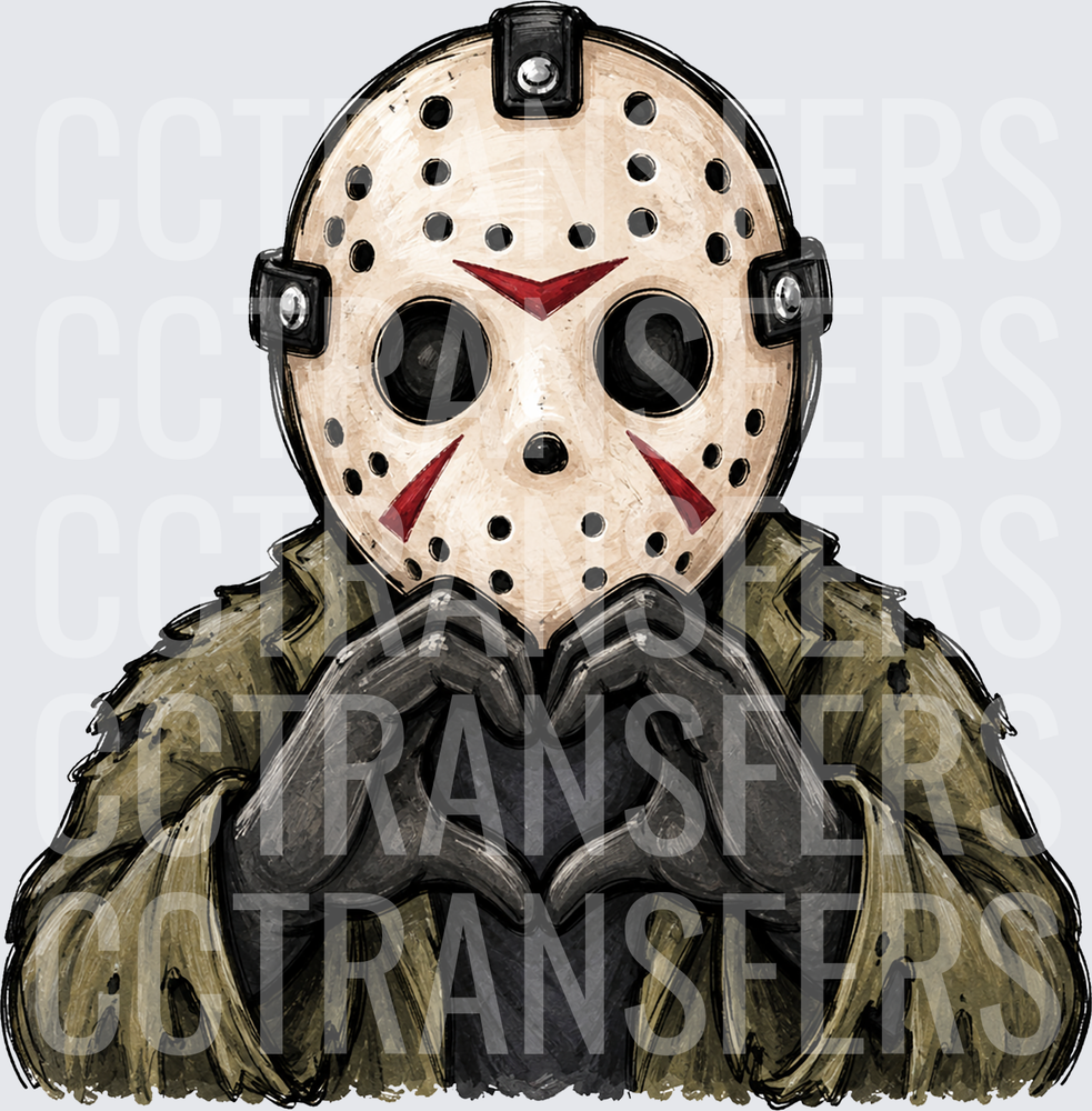 Hockey Mask Killer Making Heart Shape Hand Gesture (DTF)