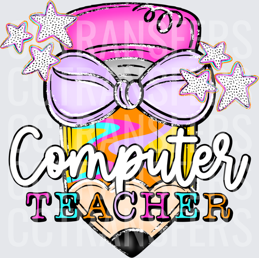 Colorful Pencil Purple Bow Stars Computer Teacher (DTF)