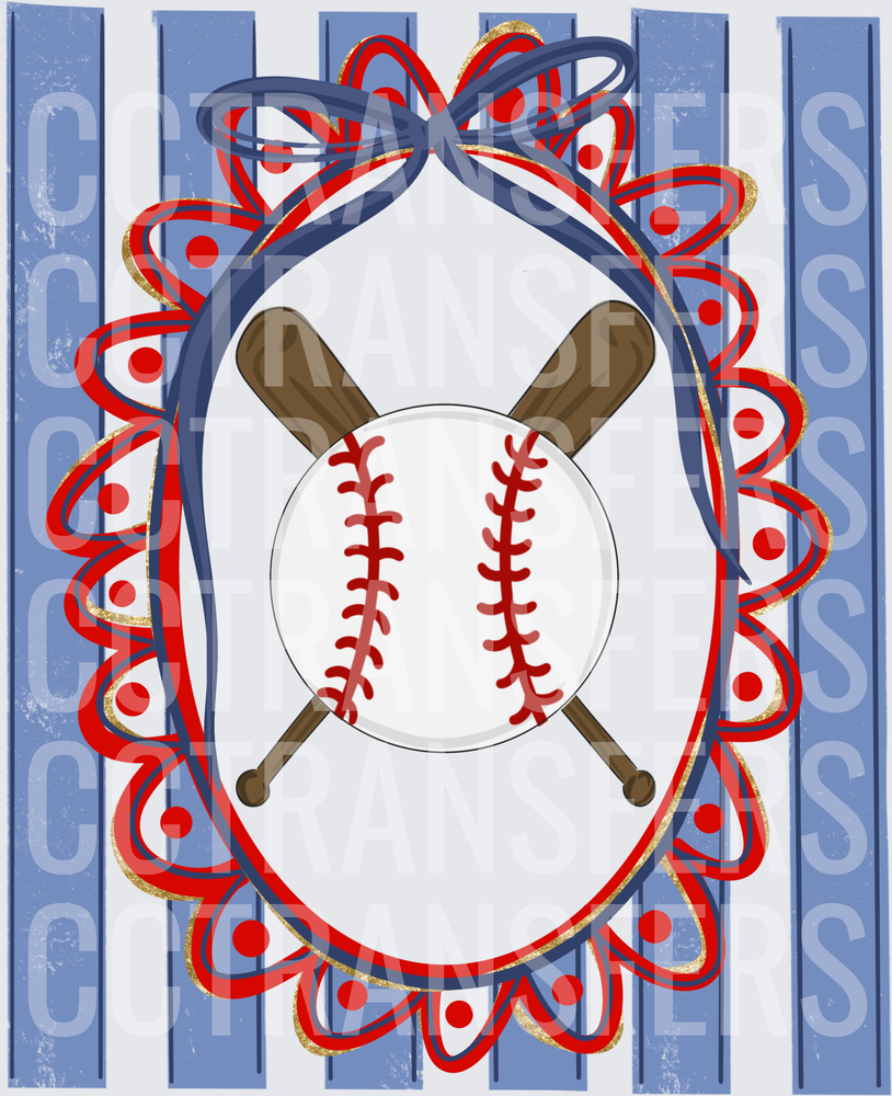Baseball and Crossed Bats Oval Bow Frame Red Navy (DTF)