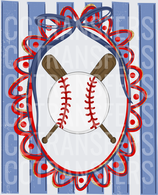 Baseball and Crossed Bats Oval Bow Frame Red Navy (DTF)