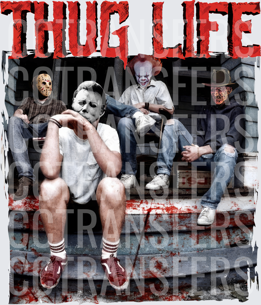 Thug Life Horror Villains Sitting on Bloody Porch Steps (DTF)