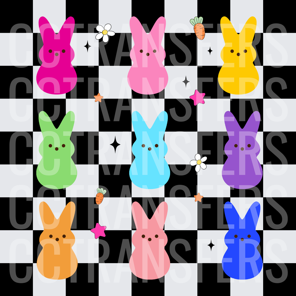 Colorful Easter Bunny Marshmallow Chicks Checkered Grid (DTF)