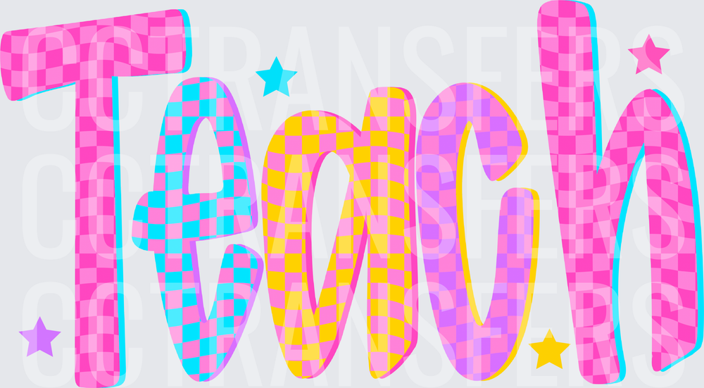 Colorful Checkered Teach Word Art with Stars (DTF)