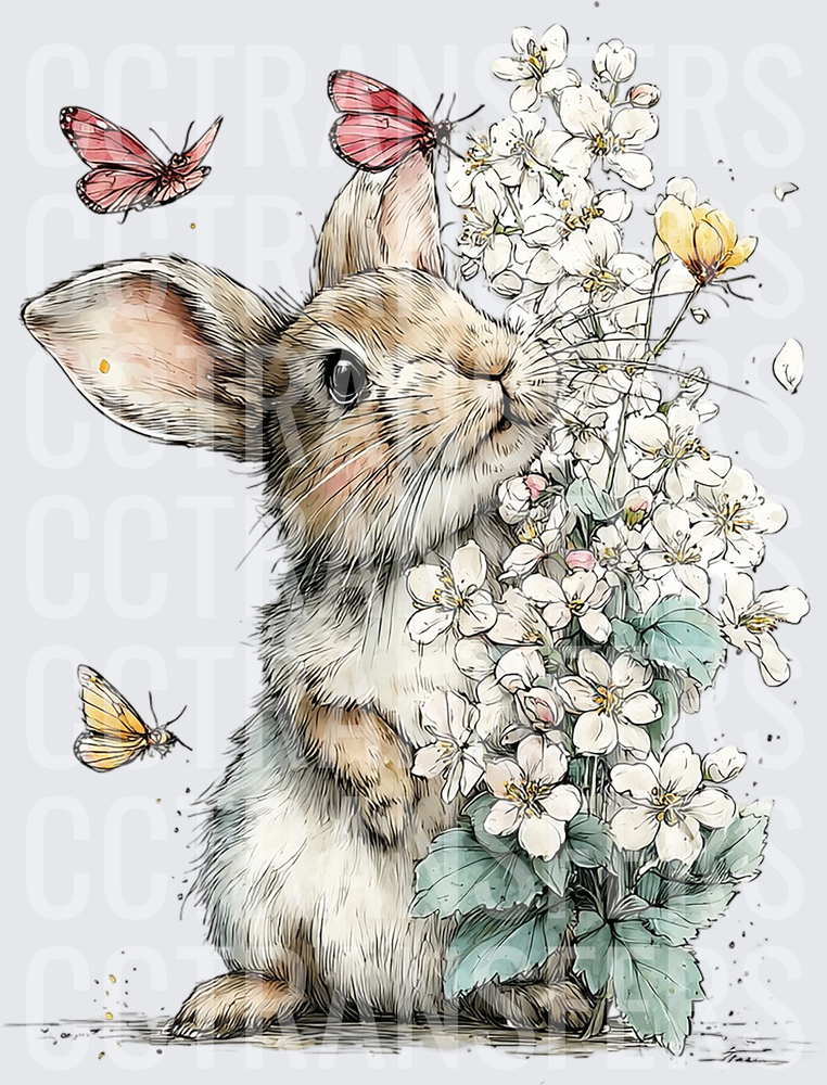 Whimsical Bunny Holding White Flowers with Butterflies (DTF)