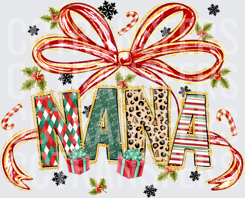 Christmas NANA Patterned Letters Red Bow Holly Design (DTF)