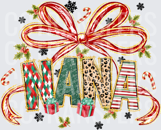 Christmas NANA Patterned Letters Red Bow Holly Design (DTF)