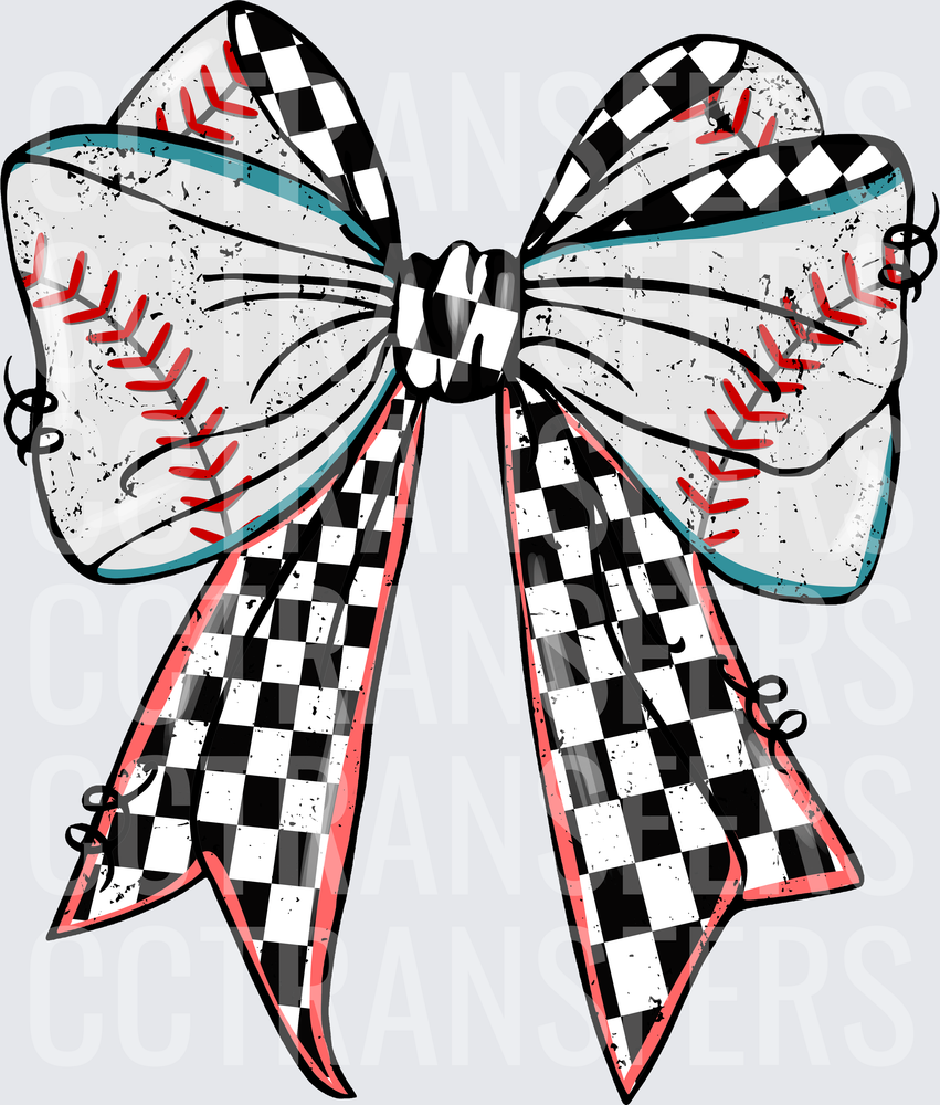 Grunge Baseball Bow with Checkered Racing Flag Pattern (DTF)