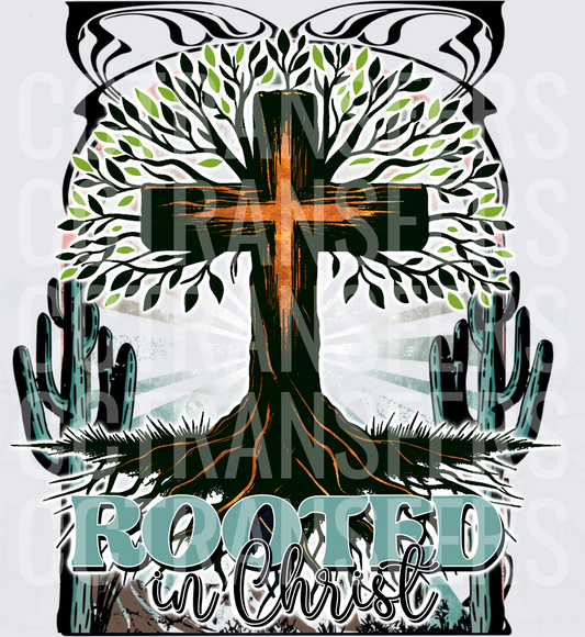 Rooted in Christ Cross Tree with Roots and Cacti (DTF)