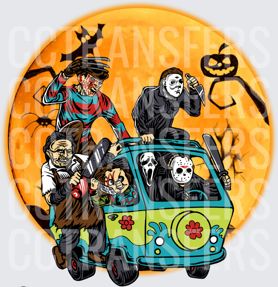 Horror Icons Riding the Mystery Machine Halloween Moon (DTF)
