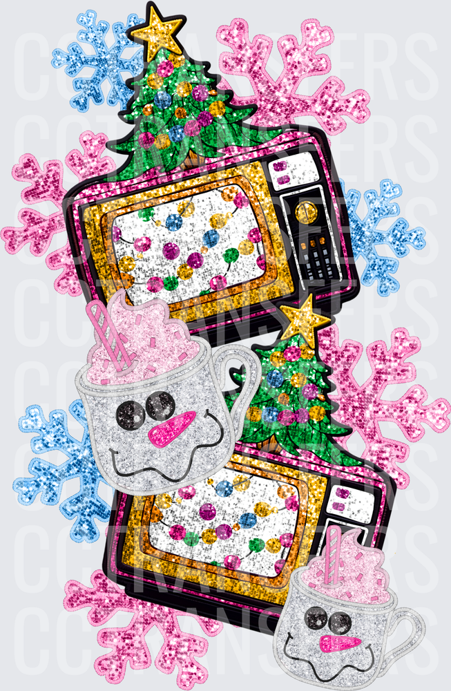 Glitter Christmas Retro TV Snowman Mugs Snowflakes (DTF)