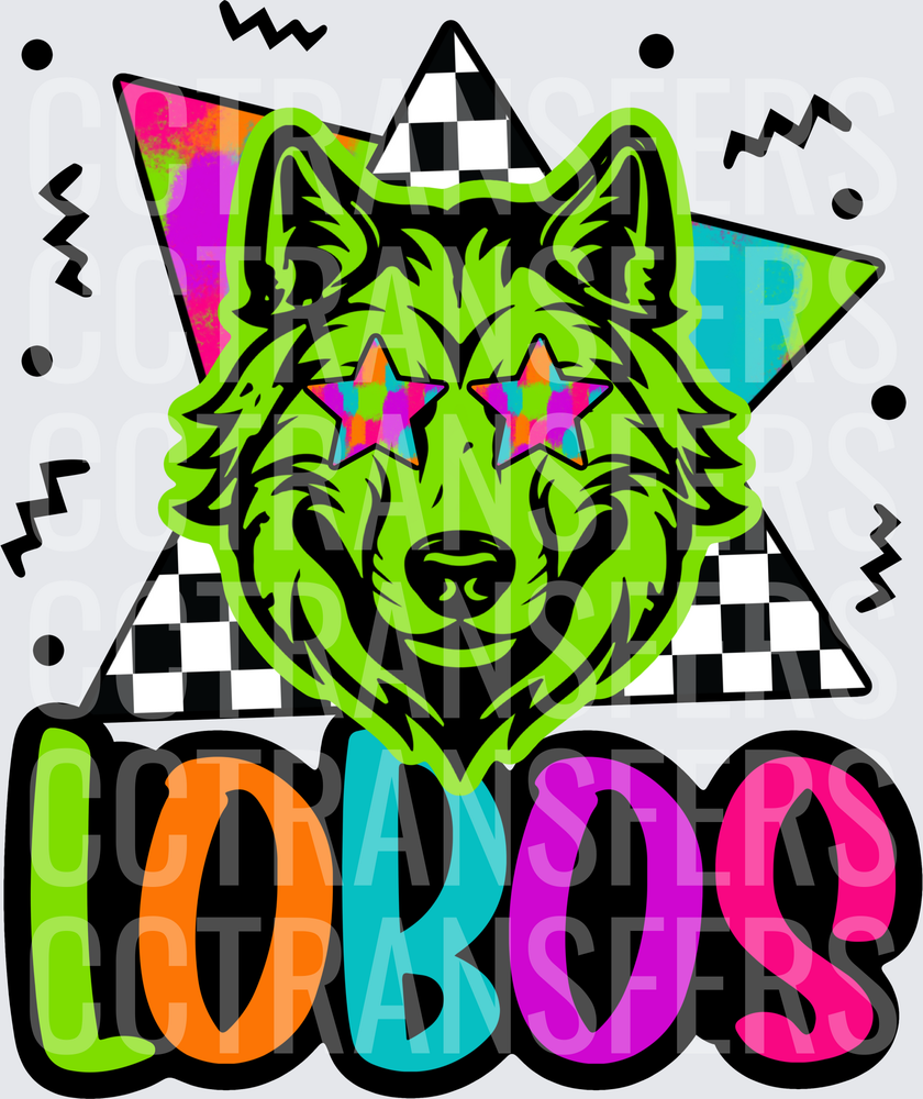 Lobos Retro Wolf Star Eyes 90s Neon Checkered (DTF)