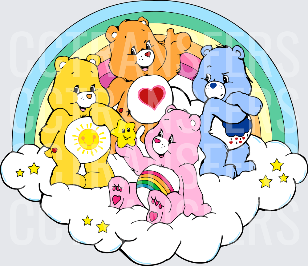 Colorful Cartoon Bears on Rainbow Cloud with Stars (DTF)