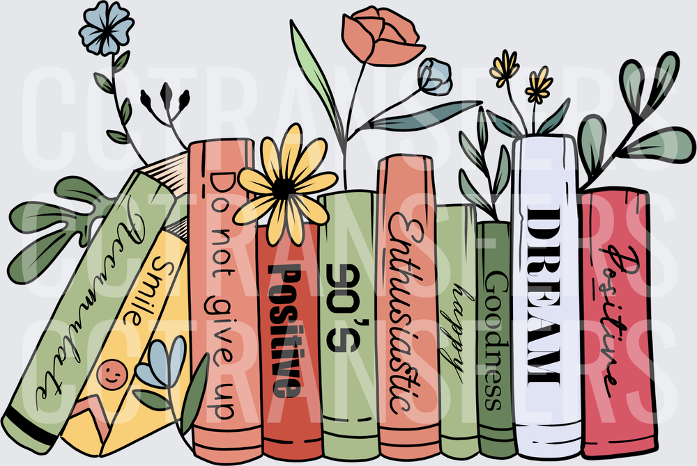 Motivational Book Stack with Wildflowers Dream Positive (DTF)