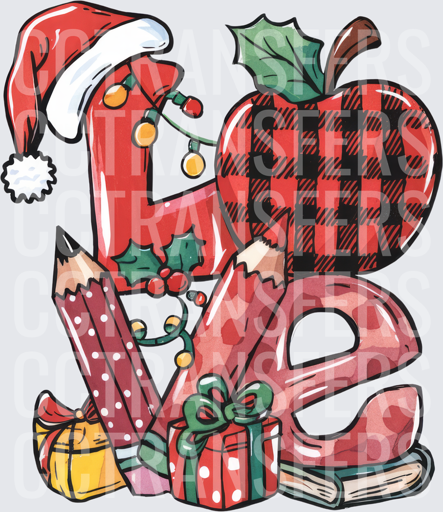 Christmas Teacher LOVE Letters Buffalo Plaid Apple (DTF)