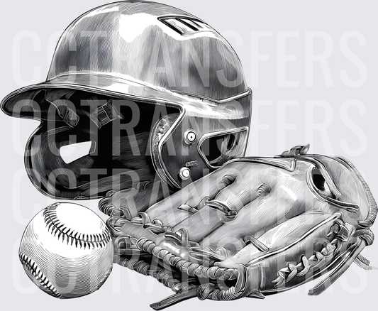 Black and White Baseball Helmet Glove and Ball Sketch (DTF)