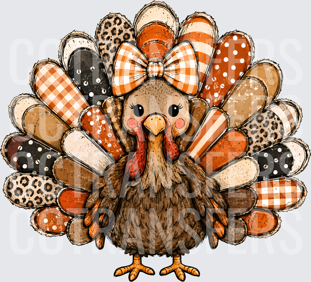 Cute Girl Turkey Patterned Feathers Buffalo Plaid Bow (DTF)