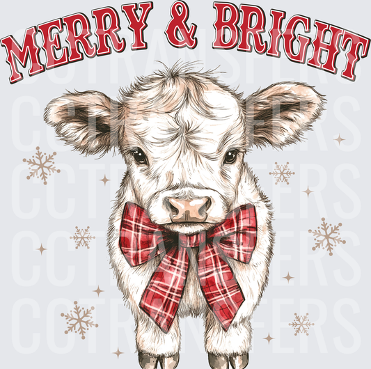 Merry & Bright Baby Cow Red Plaid Bow Snowflakes (DTF)