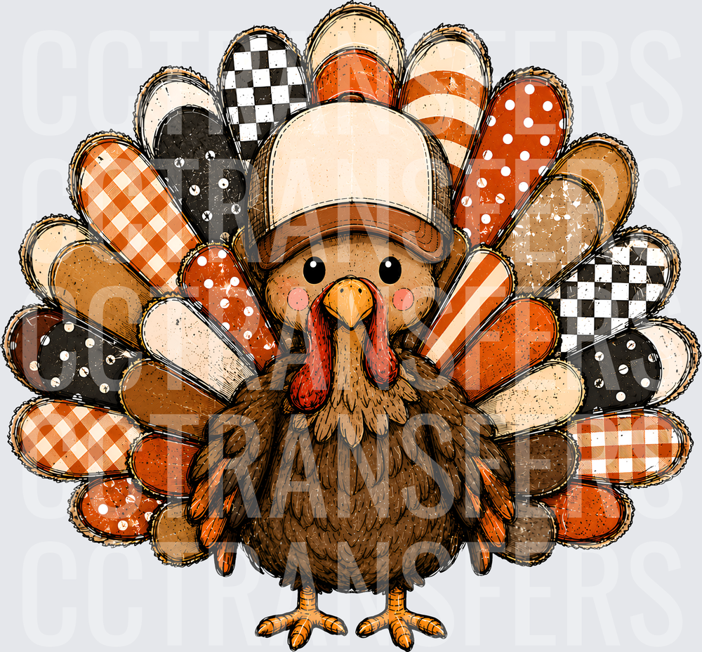 Cute Turkey Wearing Trucker Hat Patchwork Feathers (DTF)