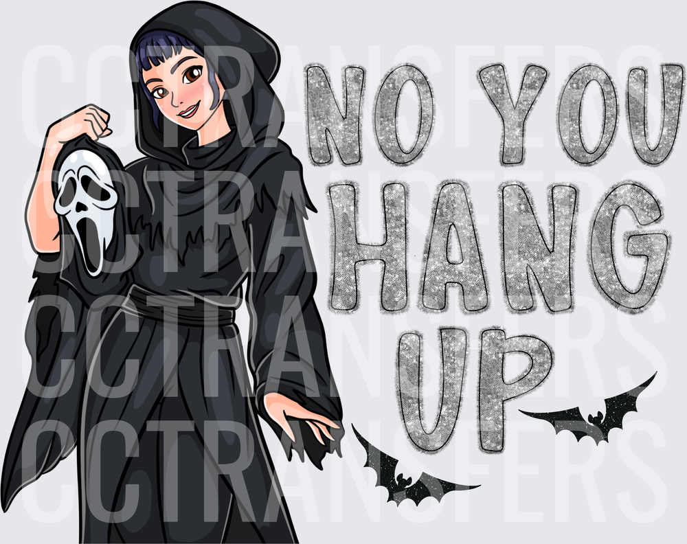 No You Hang Up Halloween Girl Holding Ghost Mask with Bats (DTF)