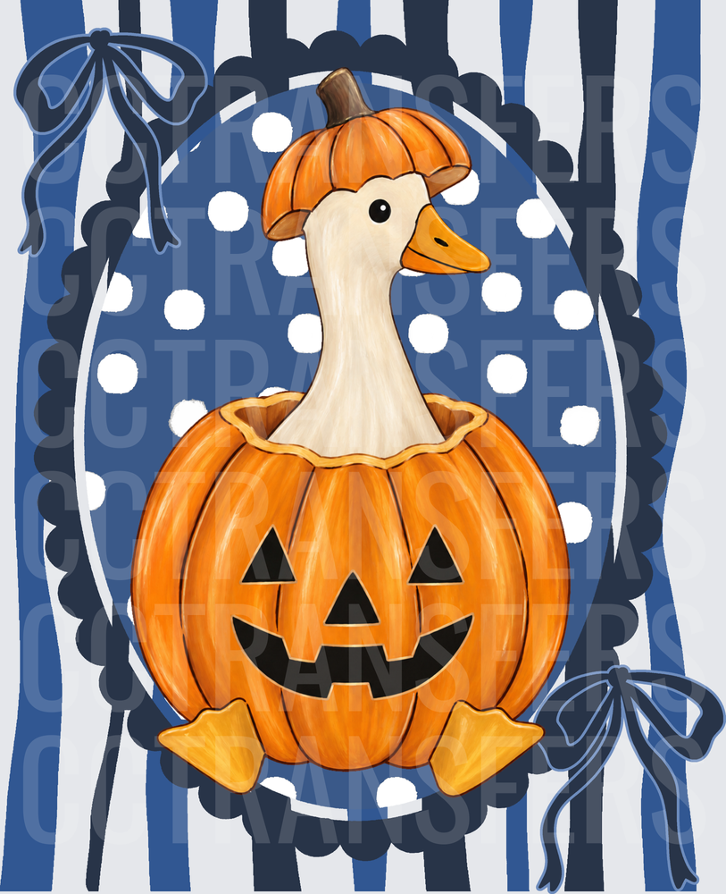 Goose in Jack-O-Lantern Pumpkin Blue Polka Dot Bow (DTF)