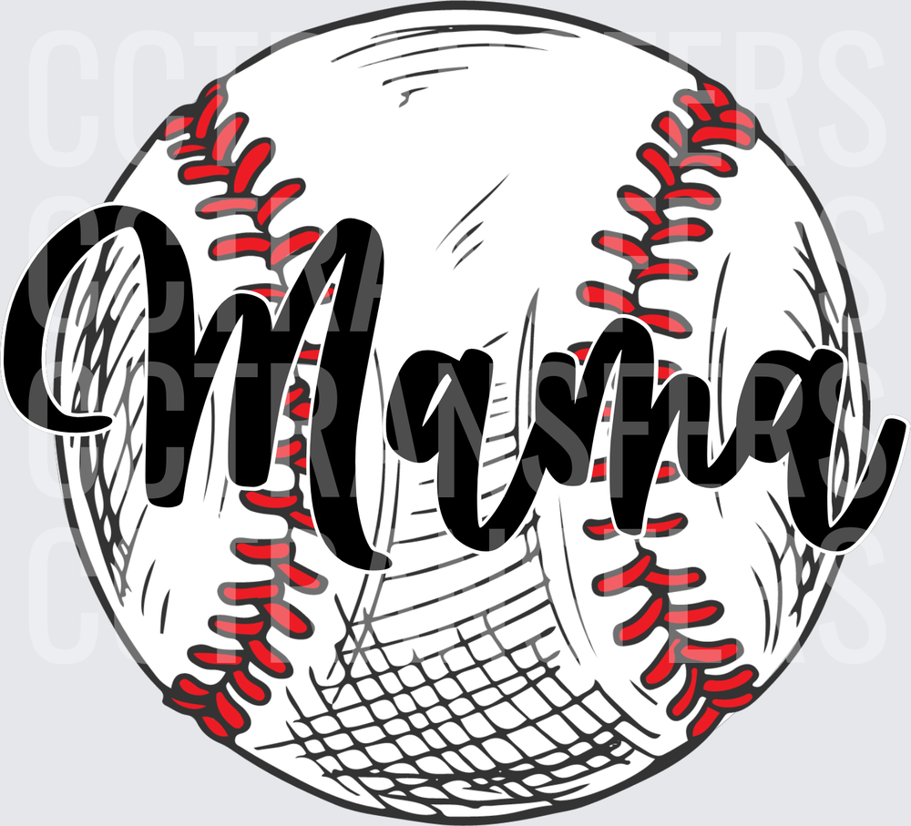 Mama Baseball Sketch Red Stitching Script (DTF)