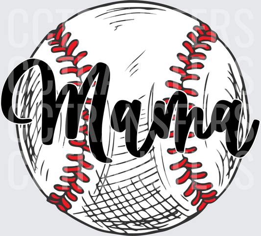 Mama Baseball Sketch Red Stitching Script (DTF)