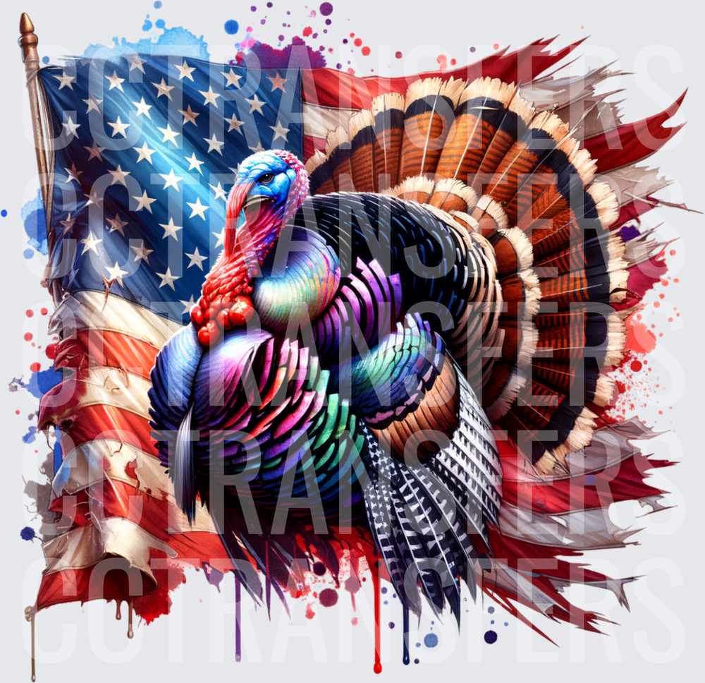 Patriotic Wild Turkey American Flag Watercolor Splatter (DTF)